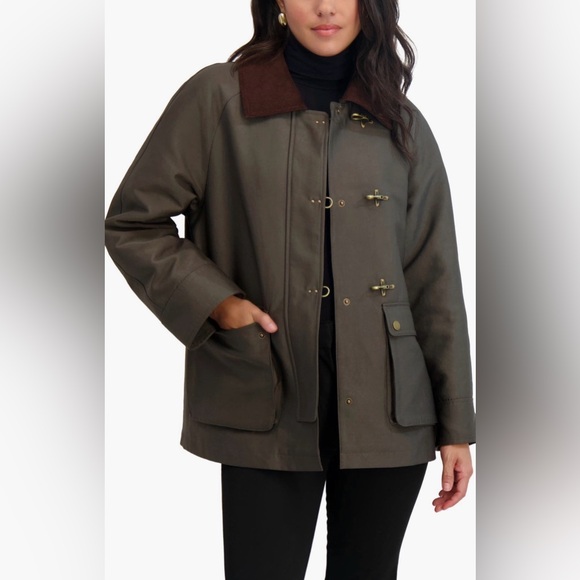 Tahari Taylor barn jacket green cotton-blend corduroy collar gold toggles Medium - Picture 3 of 13